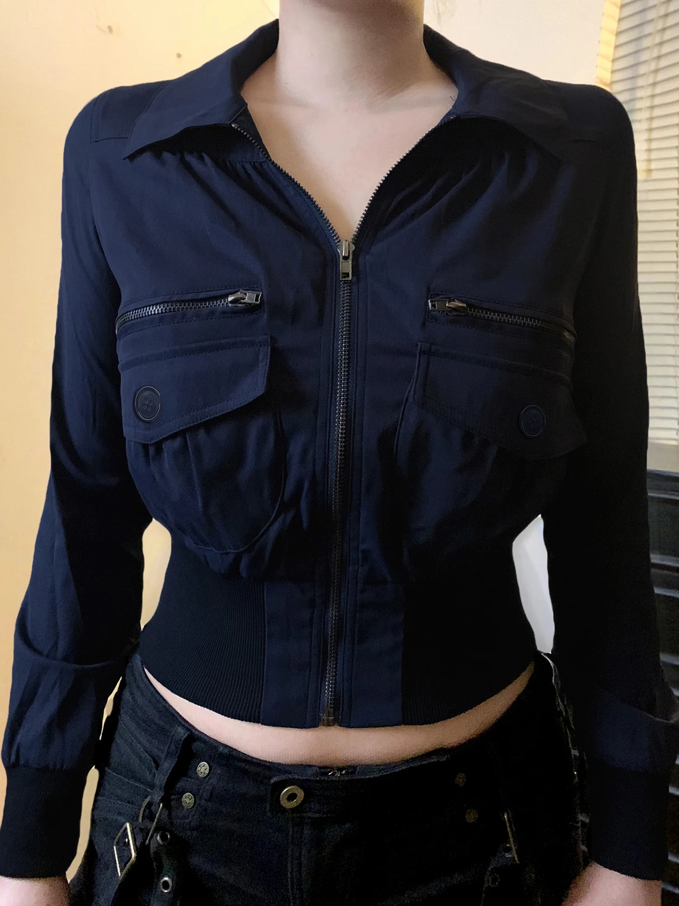 

Sweeetown Fashion Slim Fit Zipper Metal Safari Style Women Jackets Turn Down Collar Causal Coats