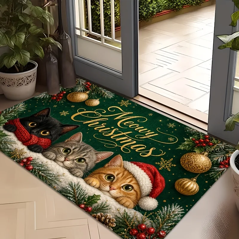 Meowy Christmas Three Cats Printed Door Mat, Green Background Pine Holly Bauble, Holiday Entryway Floor Mat