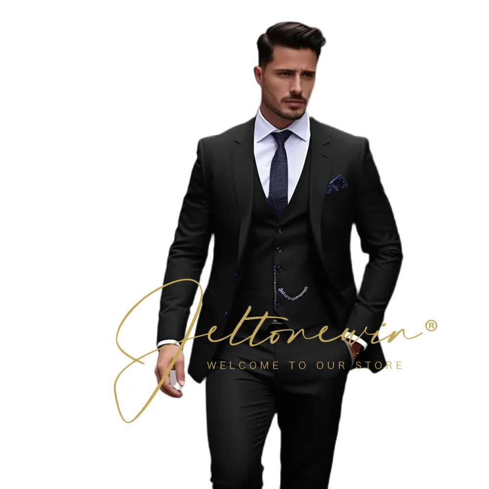 Navy Blue Suits for Men Fashion Single Breasted Solid Male Suit Fashion Business Casual Formal Wedding Party Tuxedo 3 Piece