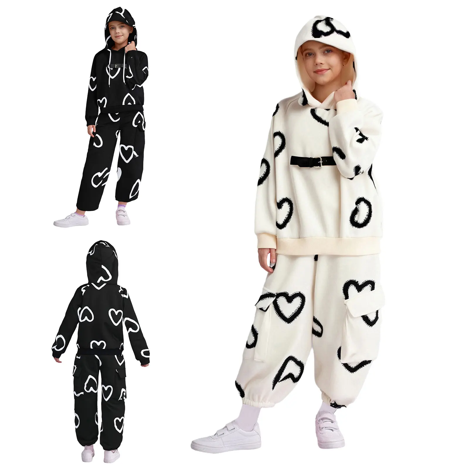 Crianças meninas 2 peça agasalho mangas compridas moletom com capuz e calças coração impressão moda outfit hip hop dança roupas casuais