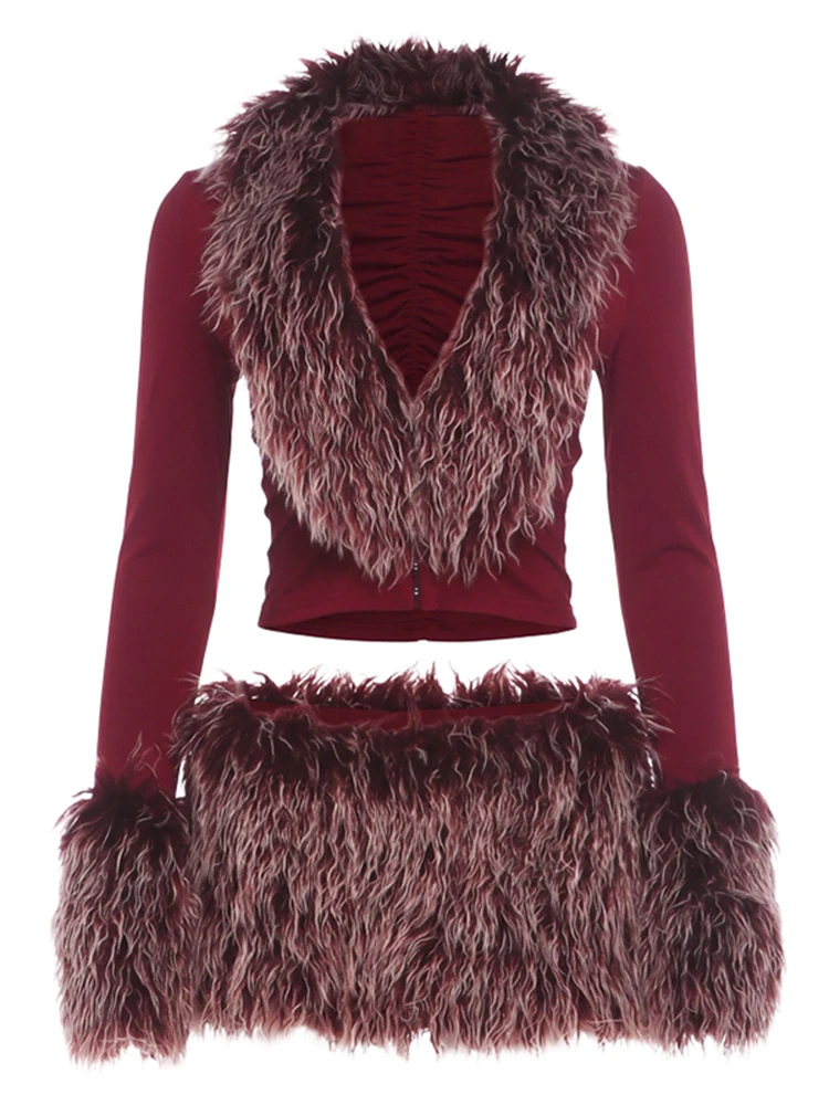 Weird Puss Herbst Neuer Stil 2-teiliges Set Damen Plüsch-Patchwork Tief Ausgeschnittenes Langarm-Crop-Top + Minirock Sexy Modische Outfits – Detail 2