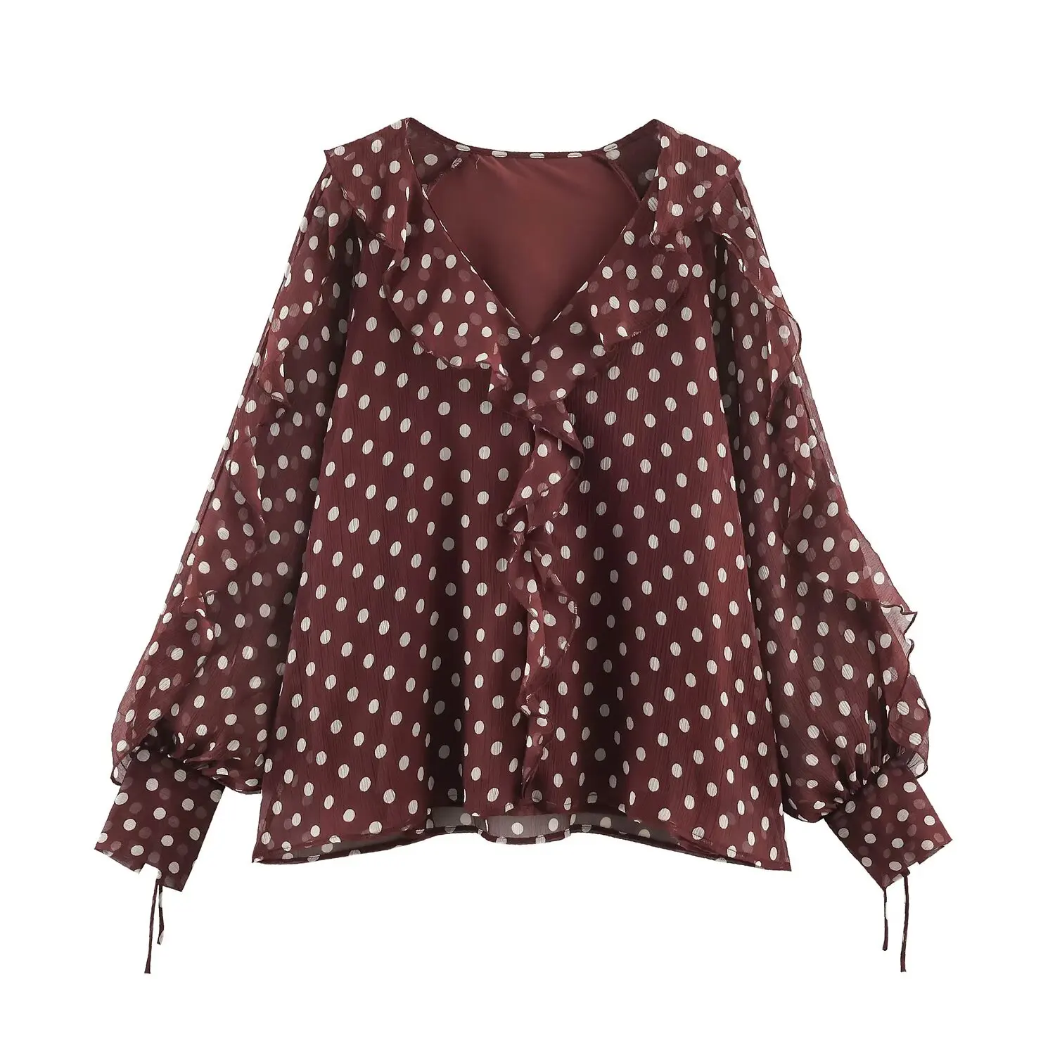 BSAY 2026 Herbst Vintage Polka Dot Damenbluse mit V-Ausschnitt, geschichtetem Rüschensaum, Laternenärmeln, Kordelzug am Ärmelbund und lässigem Schnitt – Detail 3