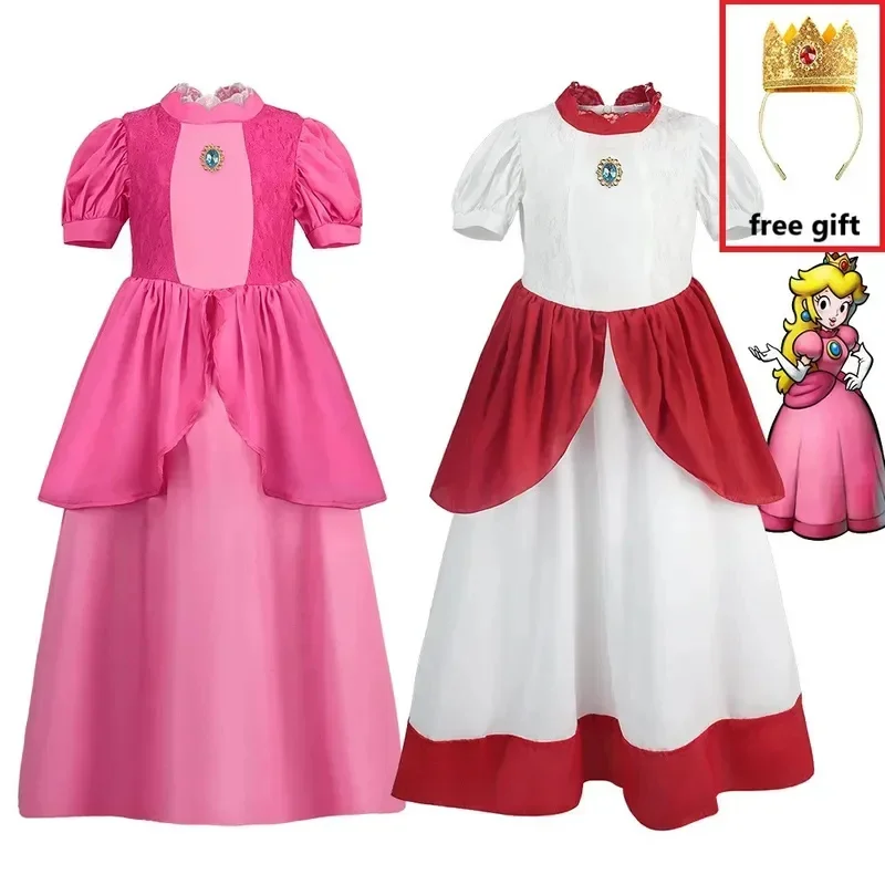 Nuevo Vestido de Princesa Rosa Blanco Melocotón para Niñas, Disfraz de Halloween para Adultos, Disfraz de Cosplay para Niños con Malla y Tul, Traje de Fiesta con Encaje