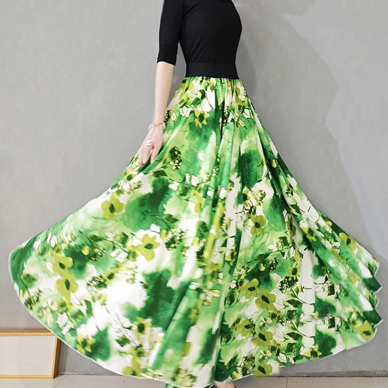 2024 Green Flowers Chiffon Fashion Elegant Female Skirt harajuku Summer , 720 degree large Hem Dance women's skirts