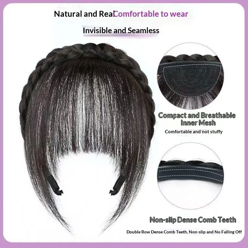 Braided Hair Band With Bangs Synthetic Fringe Headband Wig Natural Hair Color Invisible Hairpiece For Daily Makeup Party Decor - view 4