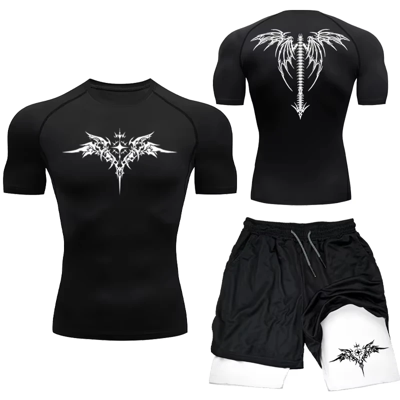 New Men's MMA Compression Athletic Set - Quick-Dry Gym Shorts + Running Workout Tight Rashguard 2-Piece Set RL0513 view 3