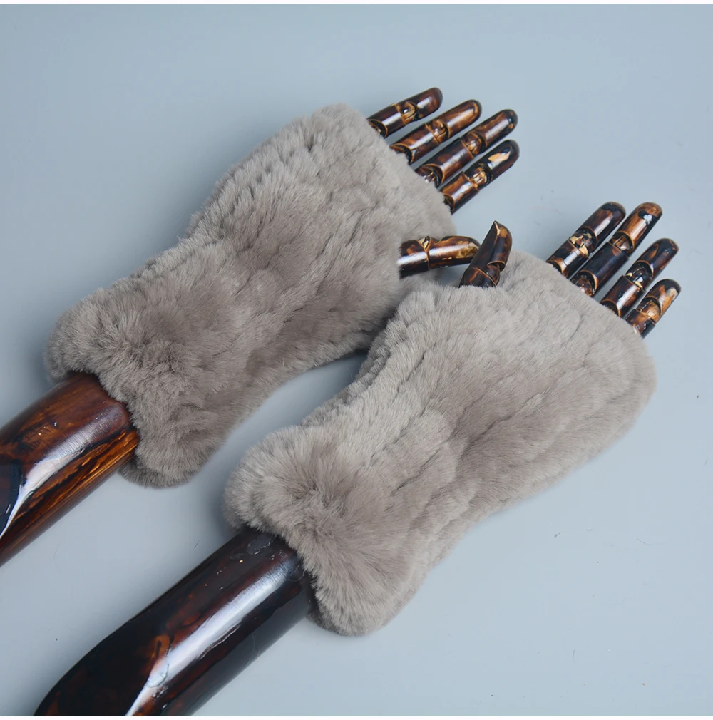 New Women 100% Real Genuine Knitted Rex Rabbit Fur Mittens Winter Warm Lady Real Fur Fingerless Gloves Handmade Knit Fur Mitten