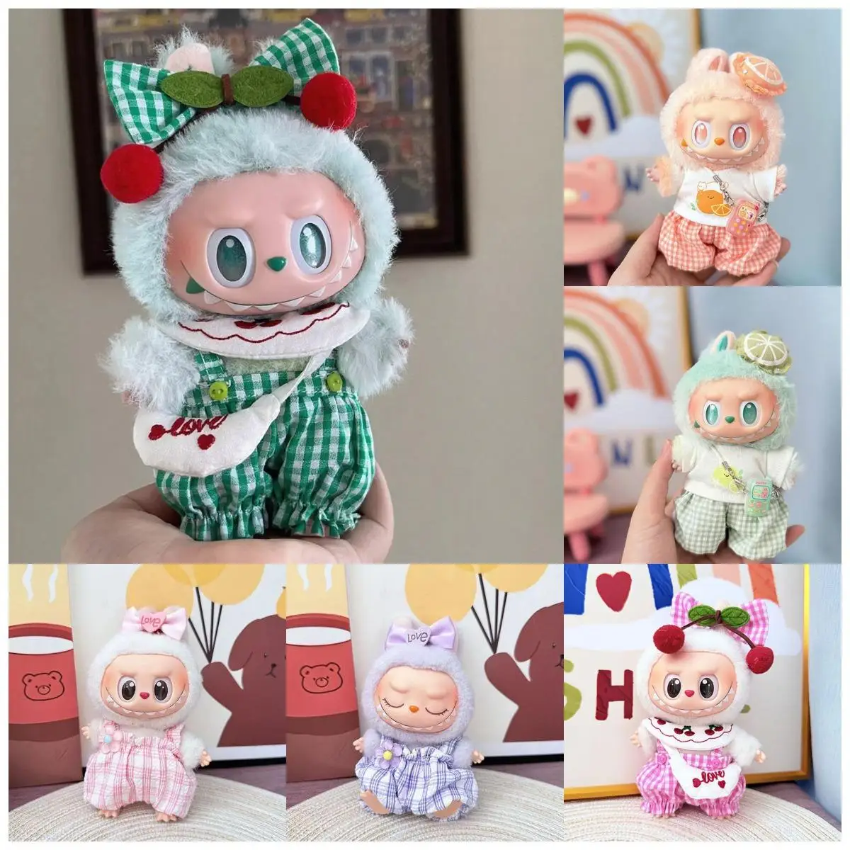 

Cute Mini Plush Doll Clothes Cherry Suit for 17cm Labubu Clothes Checked Jumpsuit Bow Outfit Accessory Fashion Gifts