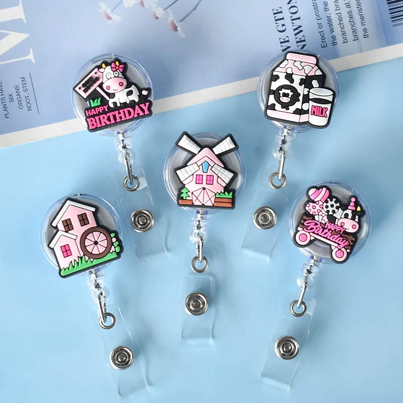 Cute Cow Nurse Badge Reel Clip Retractable Badge Holder Students Doctor ID Card Holder Keychain Bag Pendant Office Badge Clip