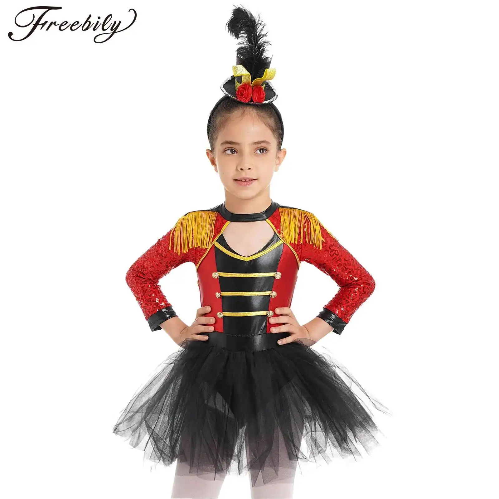 

Kids Girls Circus Ringmaster Costumes Halloween Carnival Birthday Party Lion Tamer Fancy Dress Up Tassel Sequin Tutu Dress