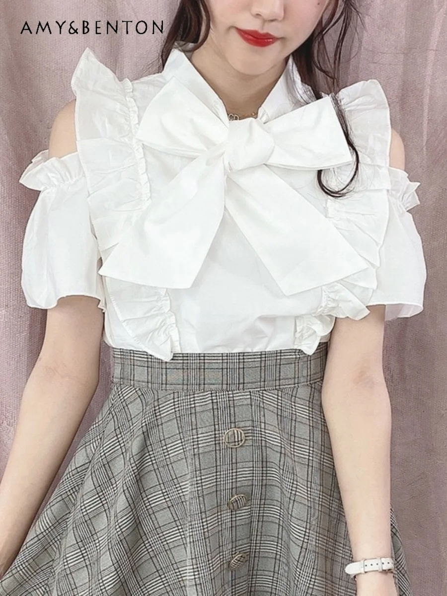 

Japanese Sweet Cute Big Bow Short-Sleeved Shirt Women Summer Kawaii Lolita Blouse Versatile Slim Temperament Camisas De Mujer