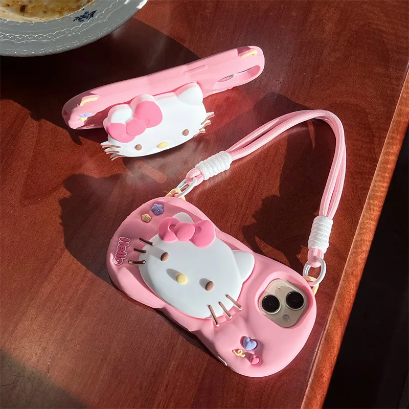 Kawaii HelloKitty جراب هاتف مع حامل آيفون 17 16 15 14 11 13 12 برو ماكس الكرتون السائل سيليكون غطاء ناعم مقاوم للصدمات