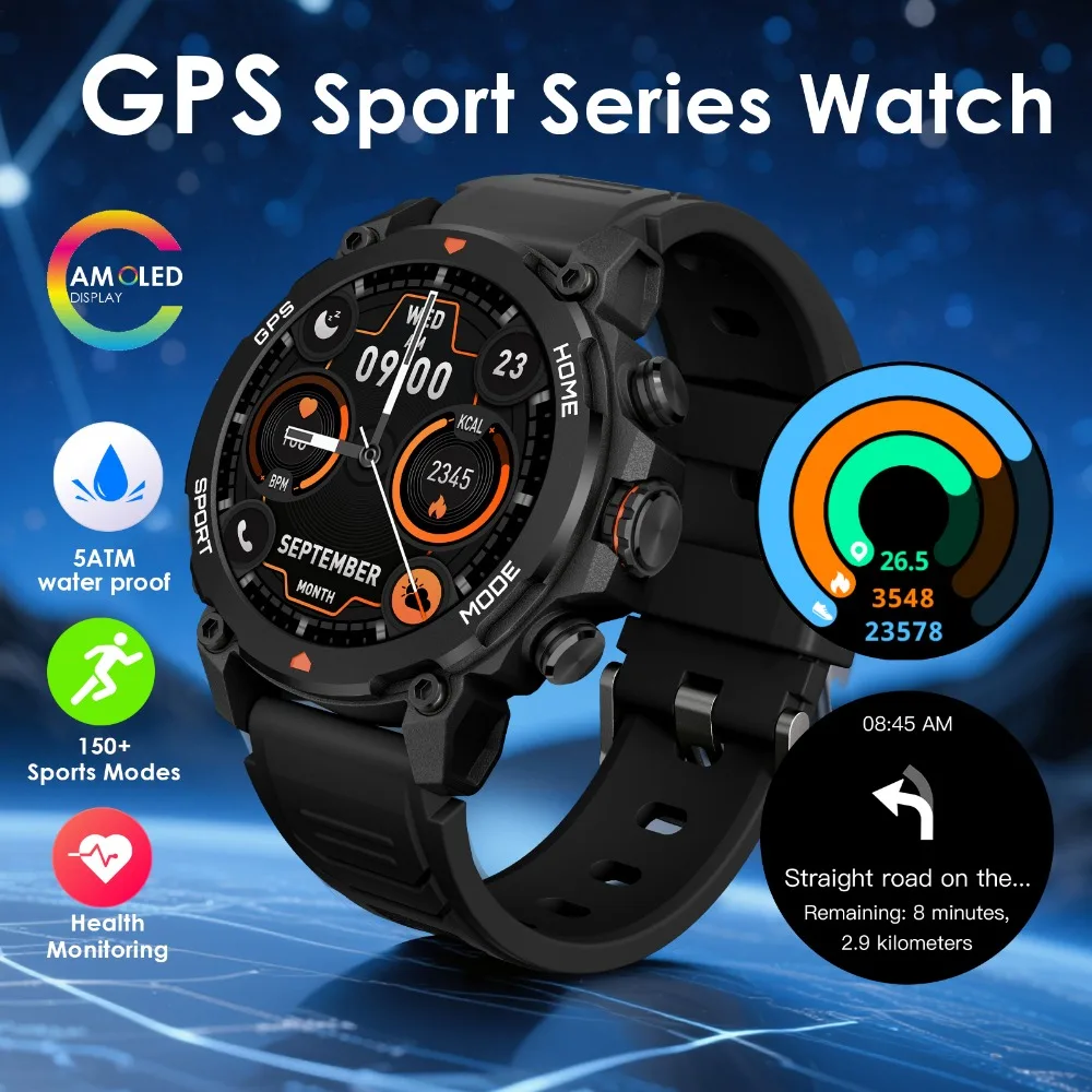 

​​Pinteek G6 Smartwatch 2025 Men's GPS Sports Watch:1.43" AMOLED, 5ATM Waterproof, BT/iOS Support, 150+ Modes & Health Monitor