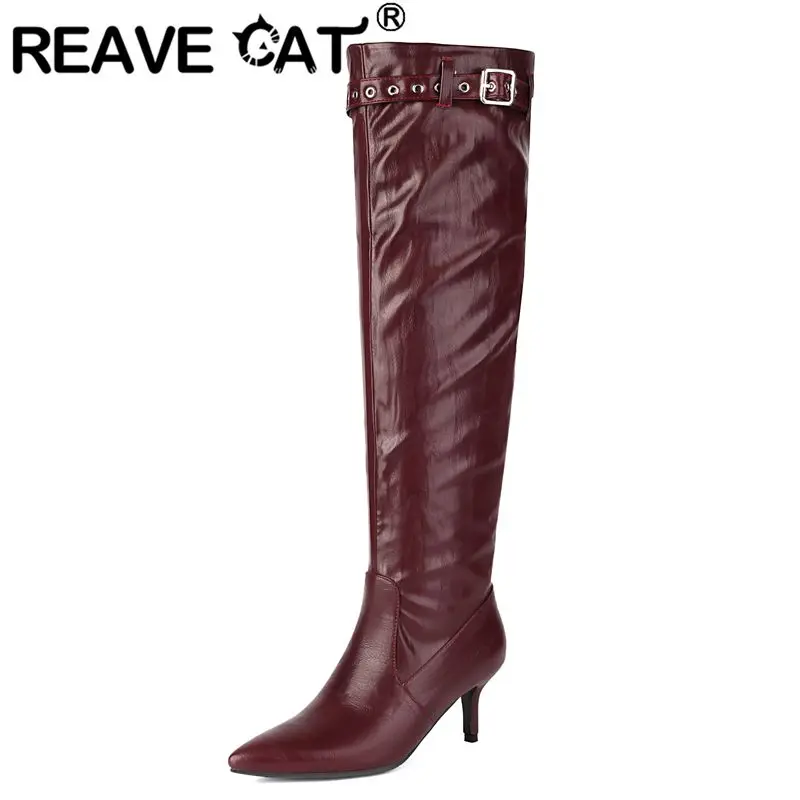 

REAVE CAT Black Female Knee High Boots Pointed Toe 6.5cm Thin Heels Slip On Belt Buckle Pleated Big Size 44 45 46 Banquet Bota