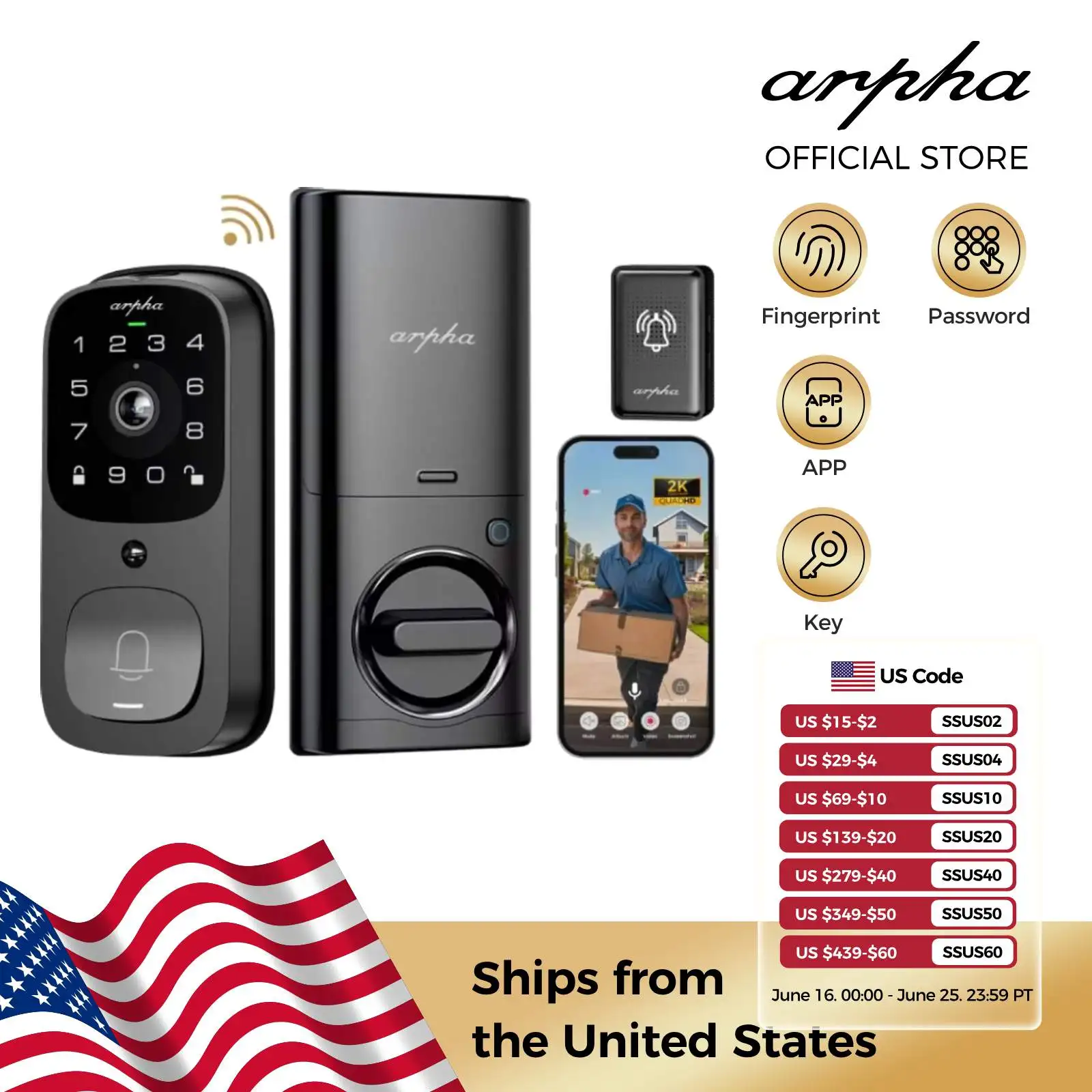

Arpha Smart Lock AL501 All-in-One WiFi Smart Door Lock 6 in 1 Video Camera with Doorbell Fingerprint Keyless 32GB Digital Keypad