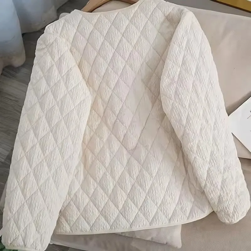 Frauen Baumwolle Gefütterte Jacke Feste Beiläufige Lose Leichte Kragenlose Parkas 2025, Herbst Langarm Stepp Oberbekleidung Weibliche