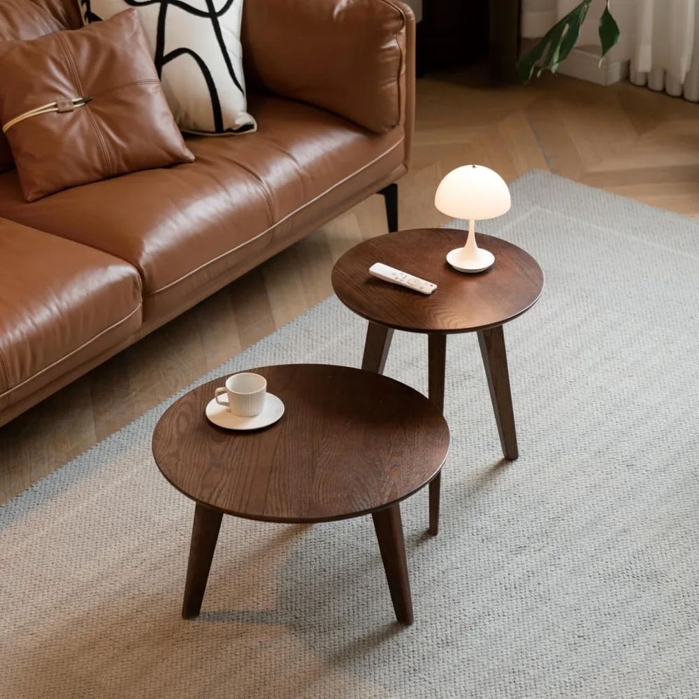 100% Solid Oak Wood Coffee Table Set, Round Coffee Table Combo Side Table w/Solid Wood Legs, Mid Century Table Sturdy Tables for