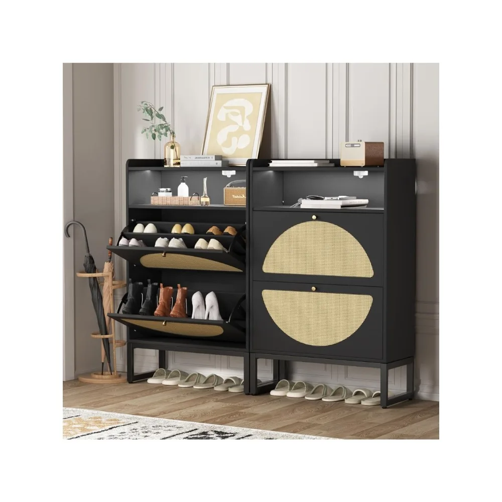 Shoe Cabinet (Set of 2), Rattan Shoe Cabinet with 2 Flip-Flop Drawers and Sensor Light, Beige (Set of 2 in Black)