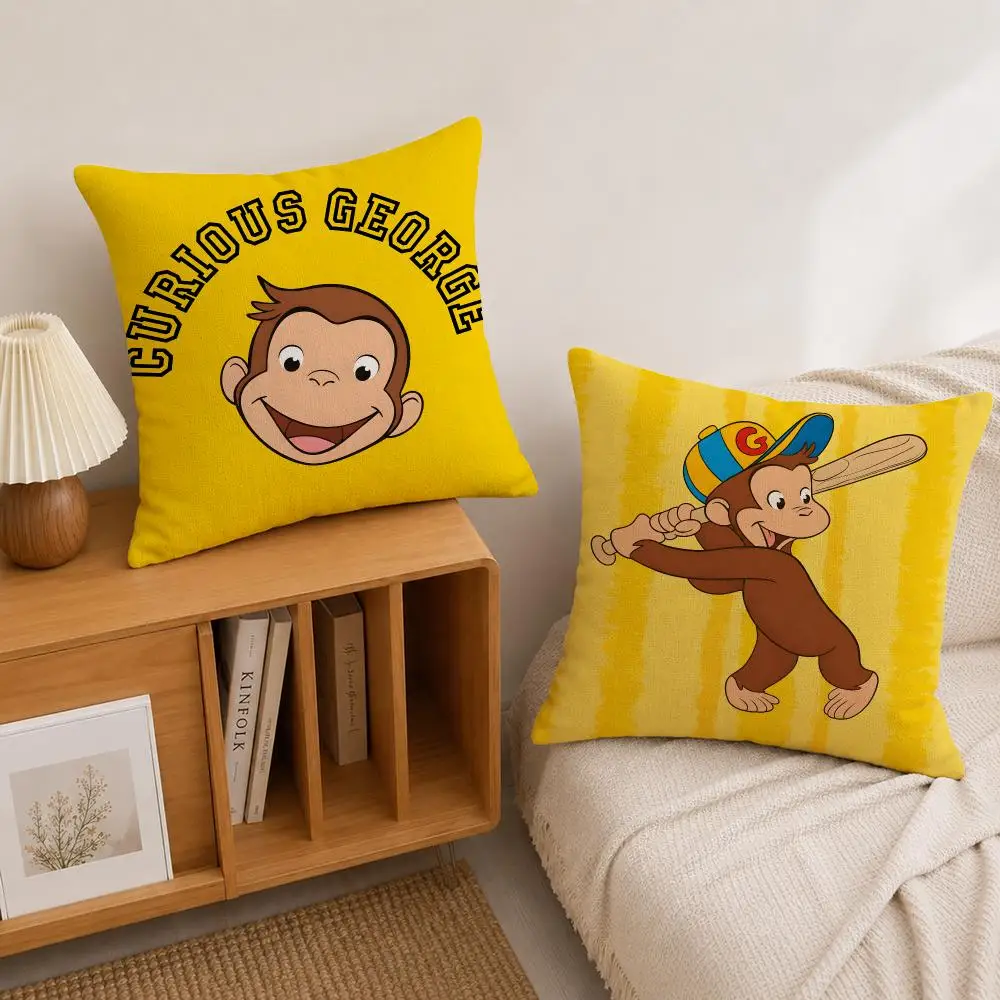 Cartoon Curious George Cushion Cover Natural Linen Pillowcase Set, All-in-One Decor for Sofa, Bedroom & Chair