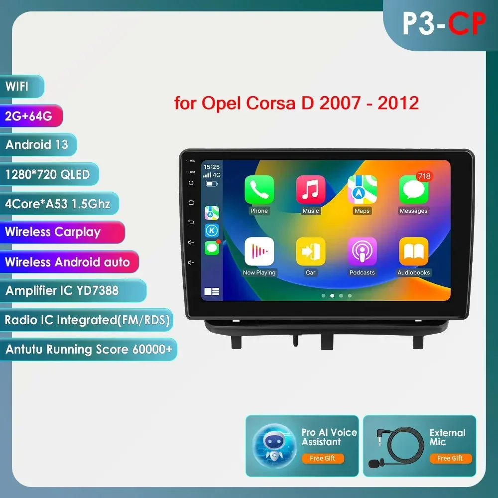 Carplay 4G 2Din Android 14 Autoradio voor Opel Corsa D 2007-2012 Hatchback Van Multimedia Video GPS DSP AI Intelligente Speler RDS