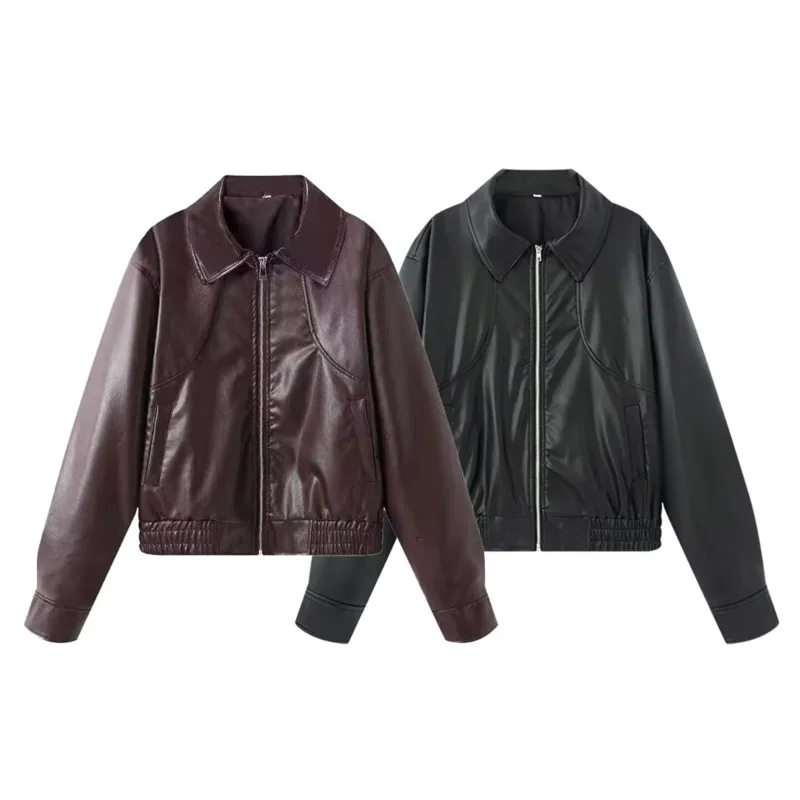 

Women Leather Jacket with Zipper Fashion Autumn European style Long Sleeve Lapel Collar Pocket Women's Jacket Chic Female Coats
