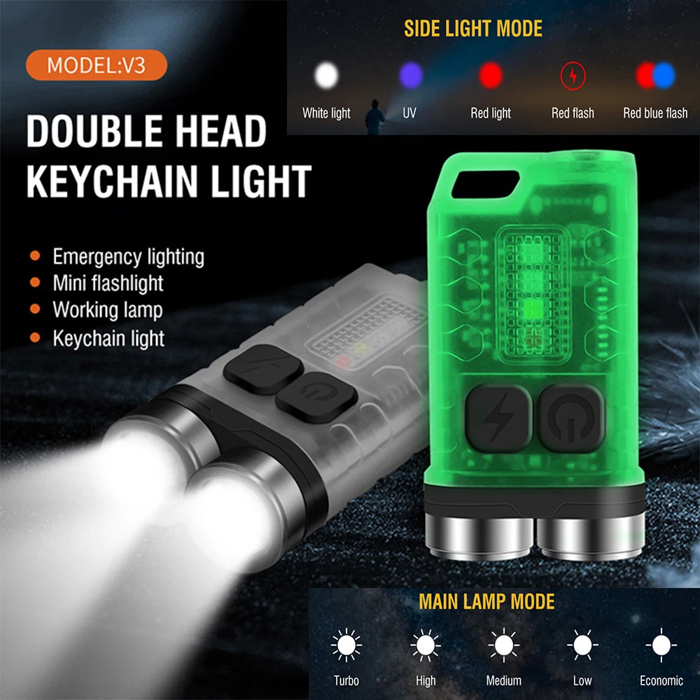 BORUiT V3 LED Keychain Portable Flashlight Work Light Type-C Rechargeable Mini Torch with Magnet UV Camping Pocket Lantern