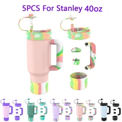 For Stanley 40oz Silicone Spill Proof Stopper Cup Cover 5PCS Protective Adventure Tumbler with Handle&Stanley Flow Bottle Sleeve