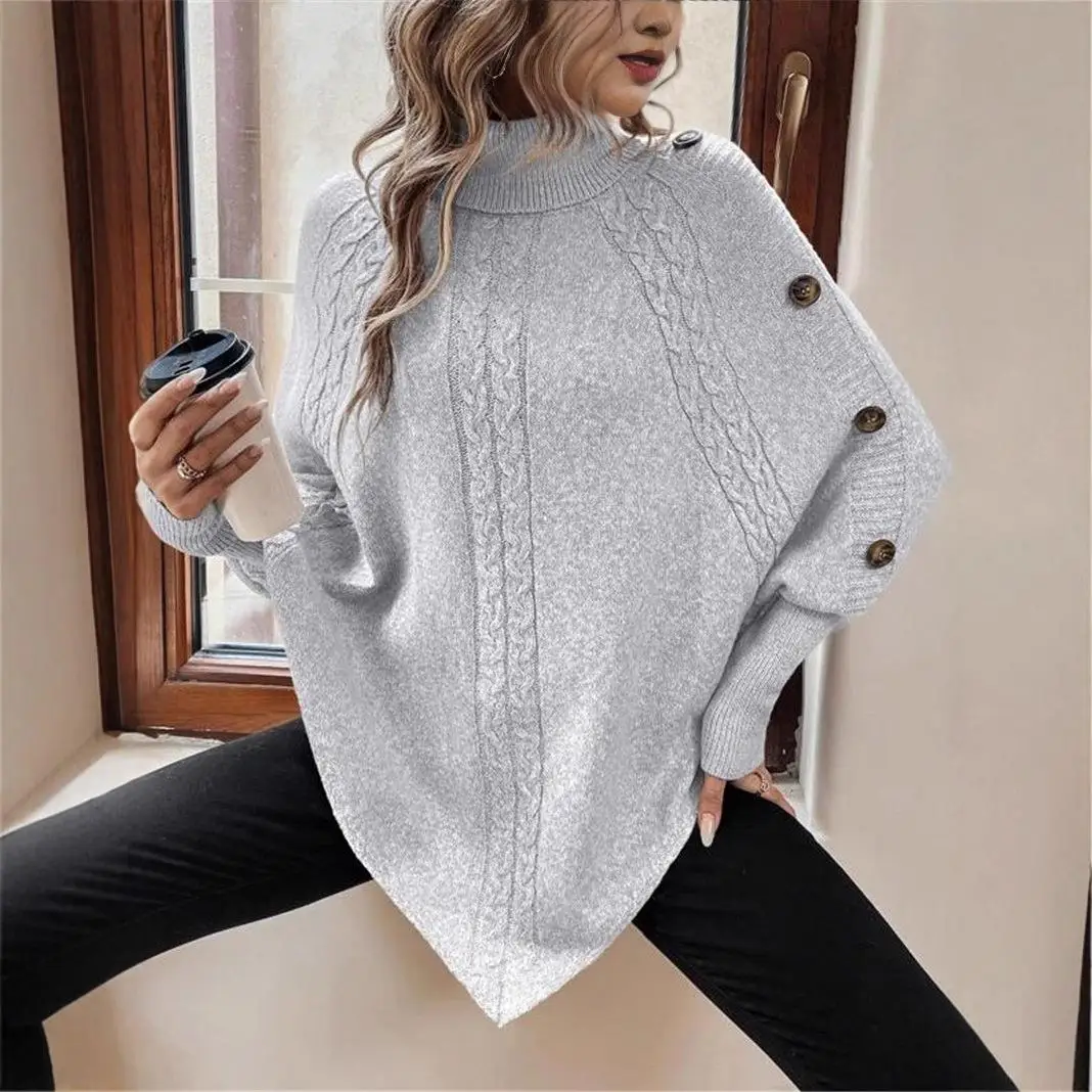 

Women's Knitted Long Sve High Collar Button Decorated Sweater Autumn Winter Faion Batwing Sve Cleanfit Sle Thiened
