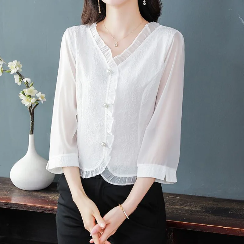 Chiffon 3/4 Sleeve Solid Color Blouse Summer New Lace Patchwork Loose Irregular Elegant Shirt Tops Vintage Fashion Women Clothes