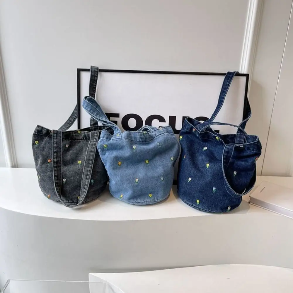 

Vintage Denim Bucket Bag Sweet Large Capacity Cloth Tote Bag Handbag Floral Embroidery Flower Shoulder Bag Autumn Winter