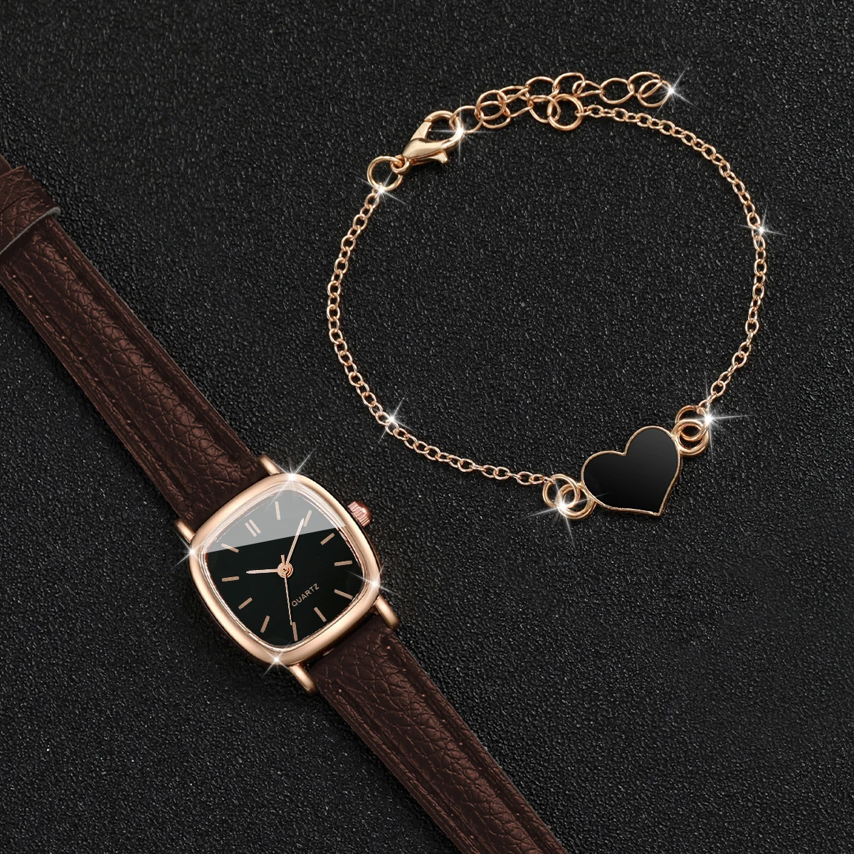 2PCS/Set Fashion Square Women Watch Leather Band Quartz Watches Heart Bracelet Set