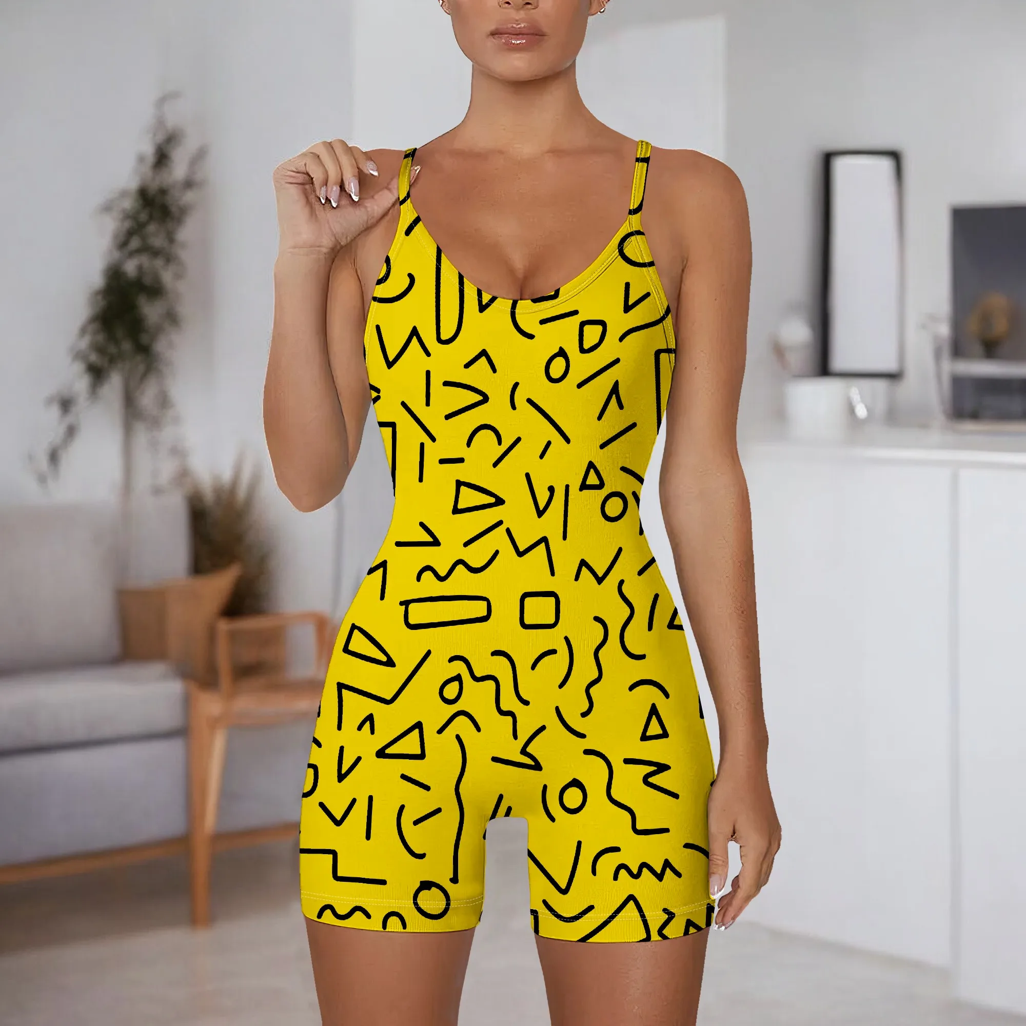 Yellow Geometric Print Romper Women Sleeveless Strappy Jumpsuit Summer Casual Playsuit