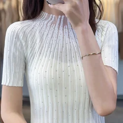 Spring And Summer New Women's Short Sleeve Half High Neck Wool Silk Material Embedding Diamond Fashion Thin Pullover Top