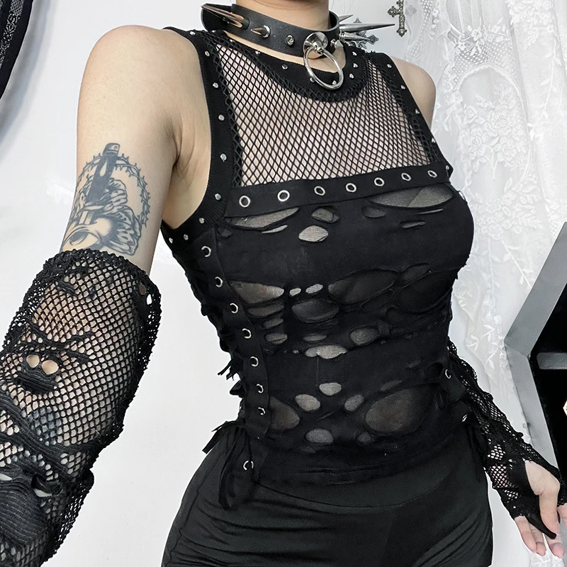 Goth Black Hollow Out Mesh Tank Tops Y2K Vintage Sexy Eyelet Lace-up Sleeveless Corset Crop Top Women Basic Tops Streetwear