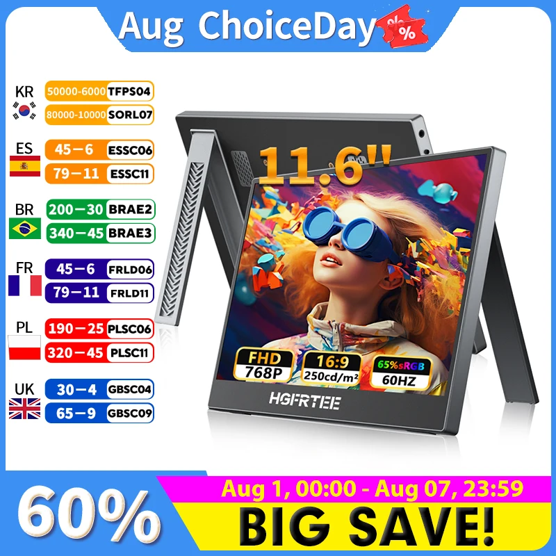 HGFRTEE 11.6" Portable Monitor 768P 250CD/m2 - Compact External Display for Laptops And Tablets PS5 Xbox Switch