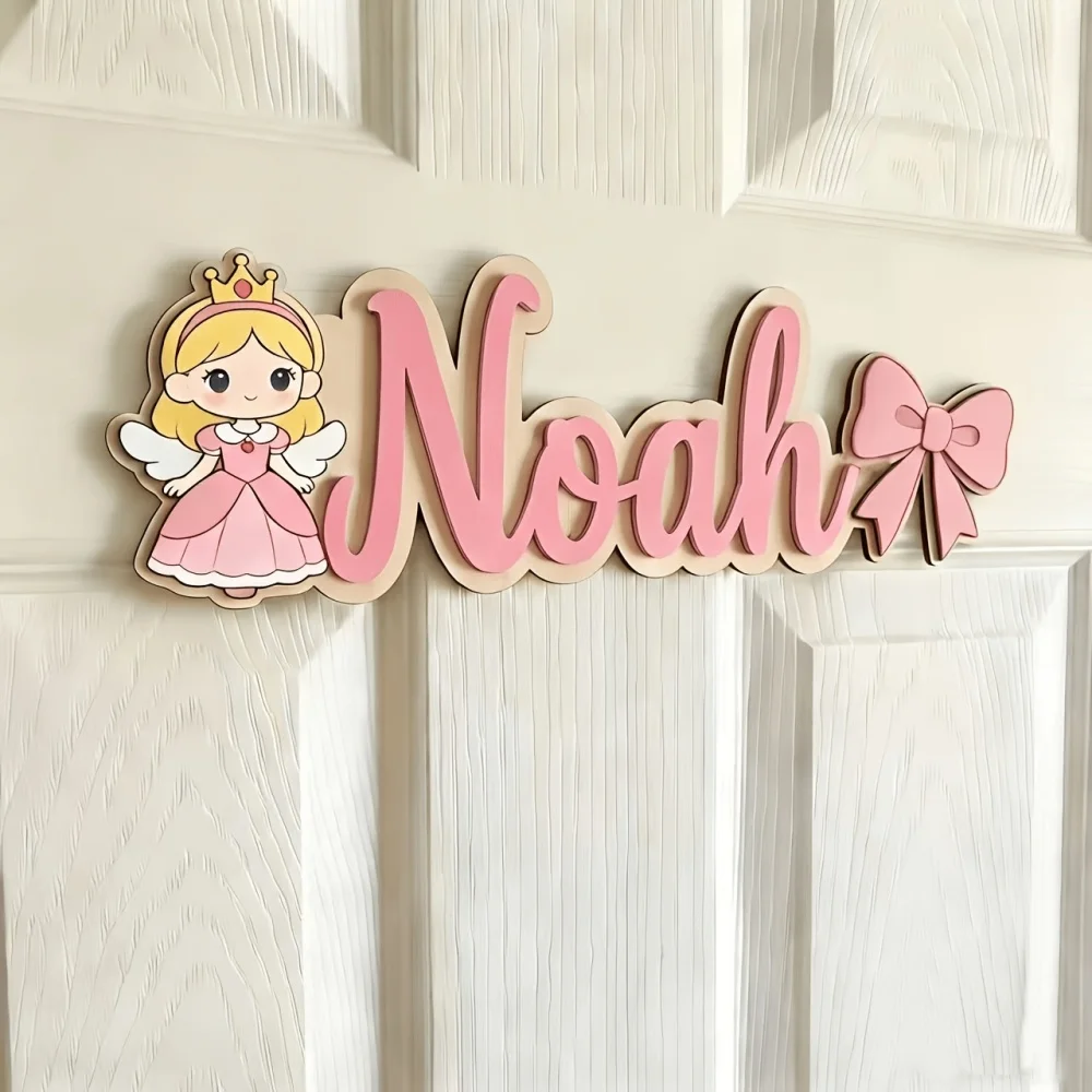 1Pc Personalized Customized Wooden Nameplate - Princess Pink Bow Theme Wall Hanging Decor, Easy to Install, Perfect Gifts