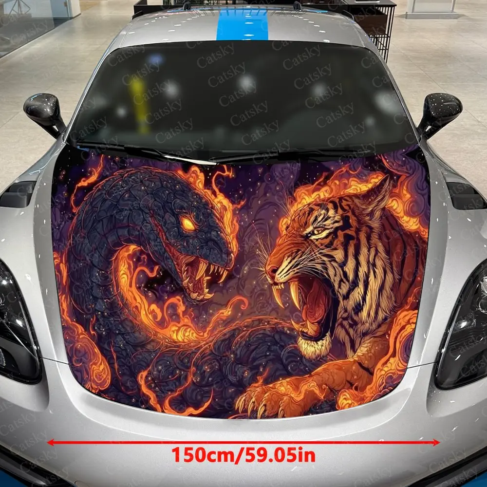 Blazing Flame Tiger-Snake Standoff Car Vinyl Wrap, PVC Waterproof Car Hood Sticker, Self-Adhesive Scratch-Resistant Stickers