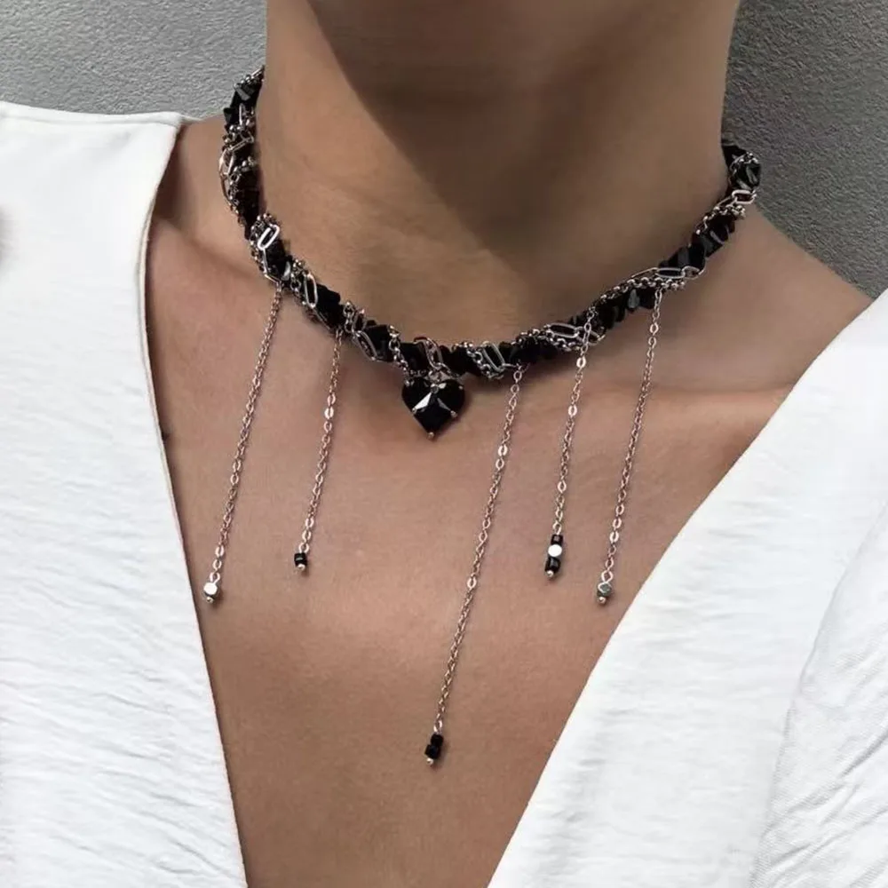 Fashion Tassel Chain Zircon Heart Pendant Necklace For Women Boho Transparent Crystal Chain Jewelry Valentine's Gift  N0561