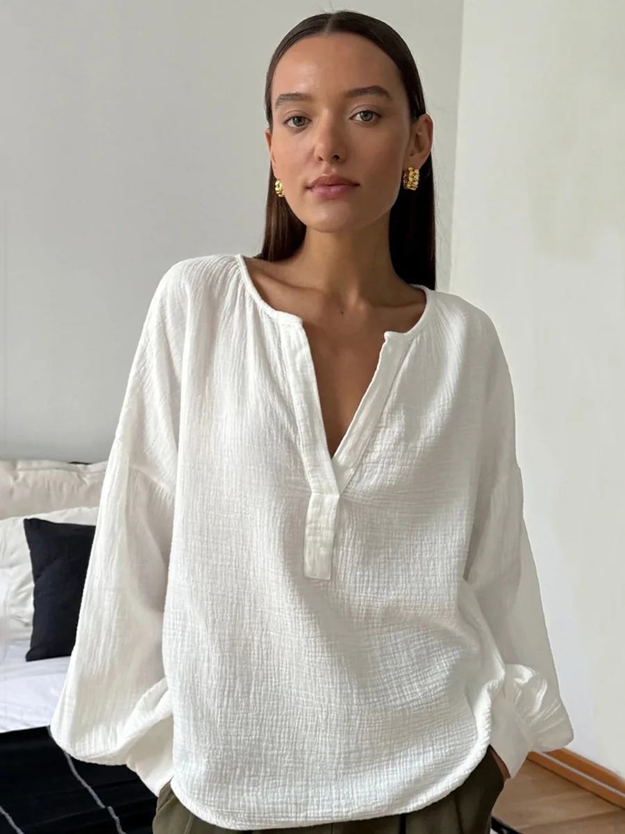 White Crepe V-Neck Blouses Shirts Casual Loose Lantern Sleeves Cotton Women Shirts Tops 2024 Spring Autumn Oversize Pullover Top