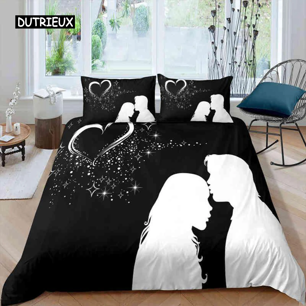 Juego de funda nórdica para pareja, retrato blanco de microfibra, juego de cama doble besando para pareja, regalo del Día de San Valentín para amante, tamaño Queen y King