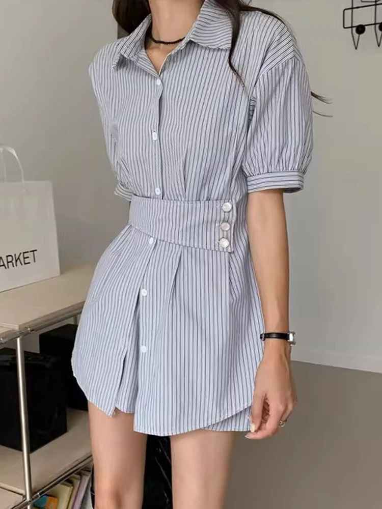 

SuperAen корейская узкая полосатая рубашка с высокой талией, женские летние новые повседневные шорты с высокой талией и широкими штанинами, комплект из двух предметов