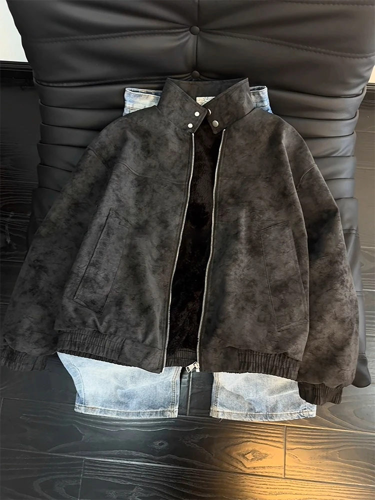 

Мужское зимнее пальто из искусственной кожи из окрашенного хлопка в стиле американского с начесом на меху, молодежное теплое пальто