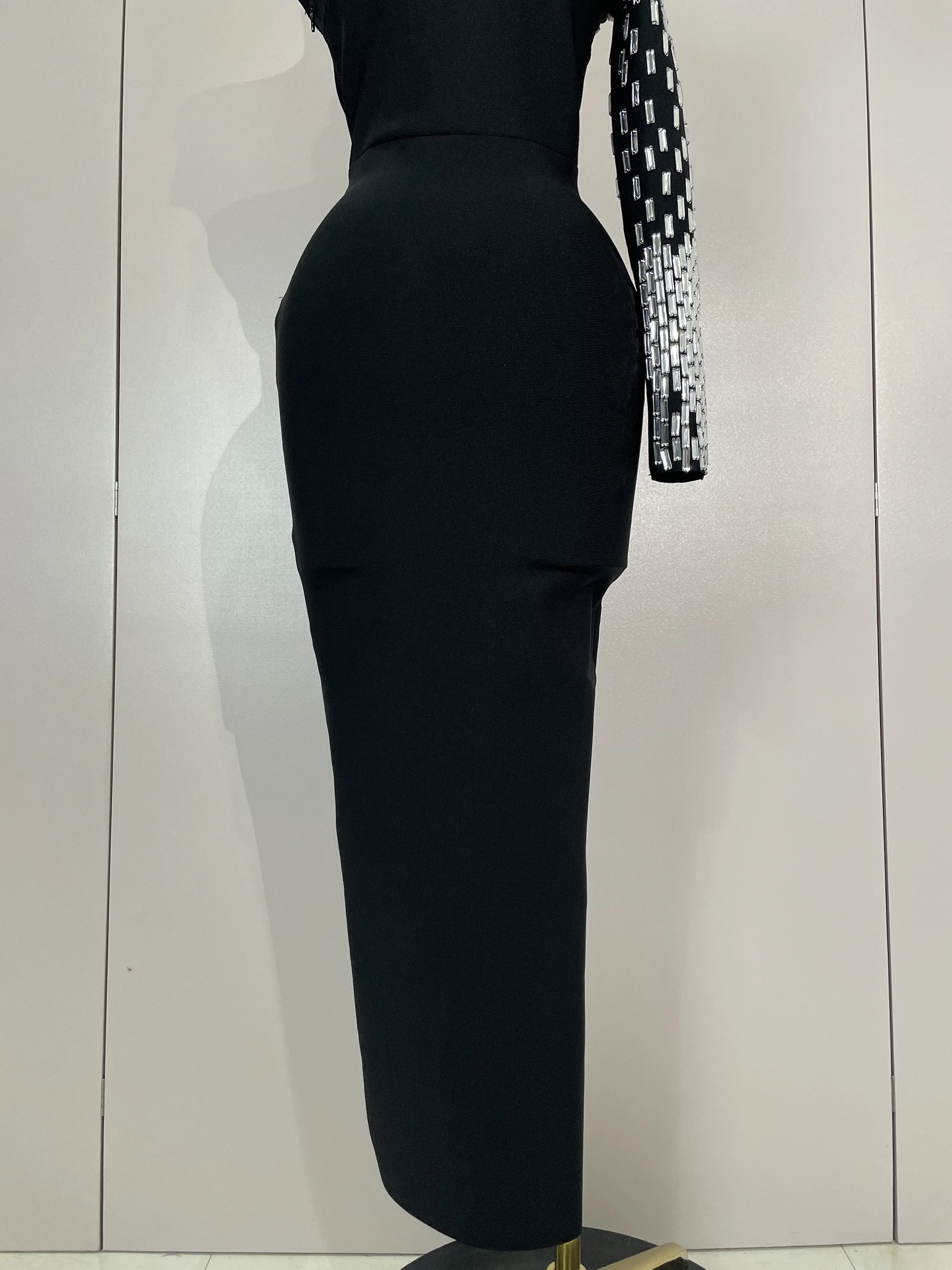 Sexy een schouder strass zwarte bandage lange jurk vrouwen elegante verjaardag vieren avond prom toga nacht cocktailjurken