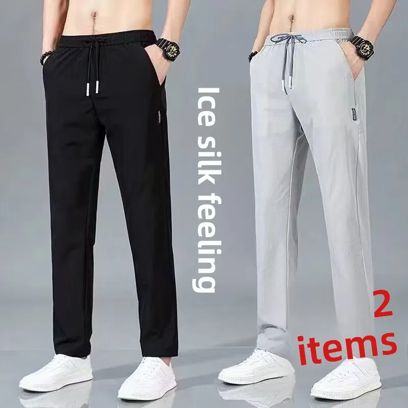 

Summer Ice Silk Elastic Men's Casual Pants Thin Straight Leg Loose Fit Large Size Trendy Trousers Youth Active Sle Long Pants