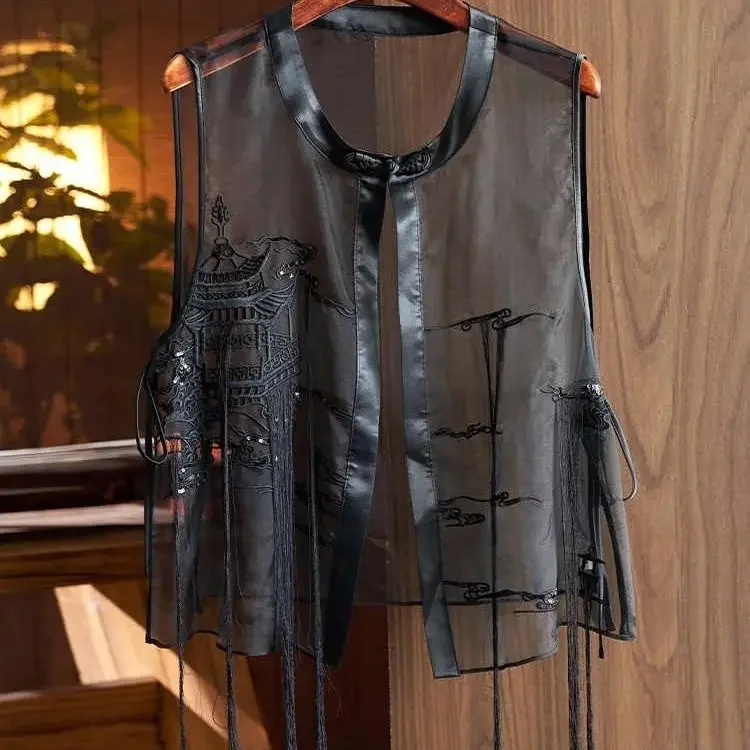 

Vintage Vests Women Sheer Chinese Style Black Summer All-match Mom Clothing Embroidery Design Outwear Tassel Fashion Sleeveless