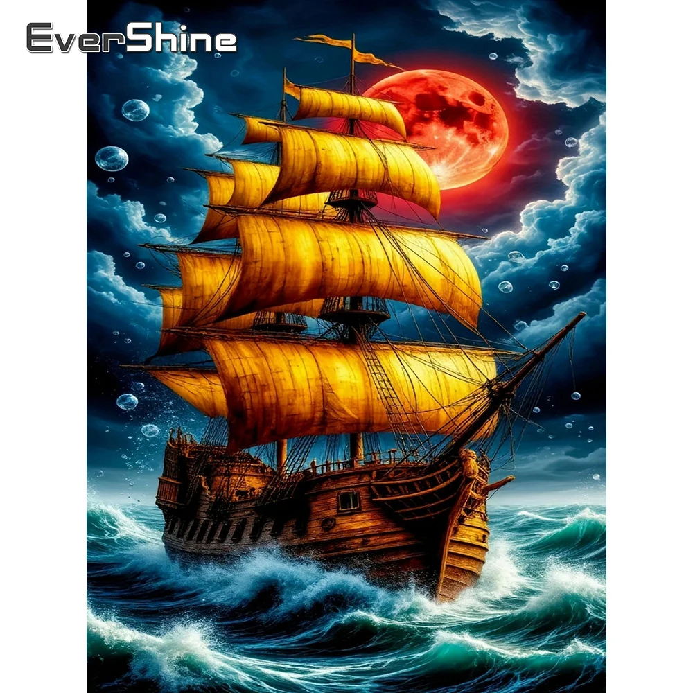 EverShine Diamant-Mosaik Landschaftsgemälde Boot Vollquadrat-Drill-Stickerei Meer Strass-Bild Mond Heimdekoration