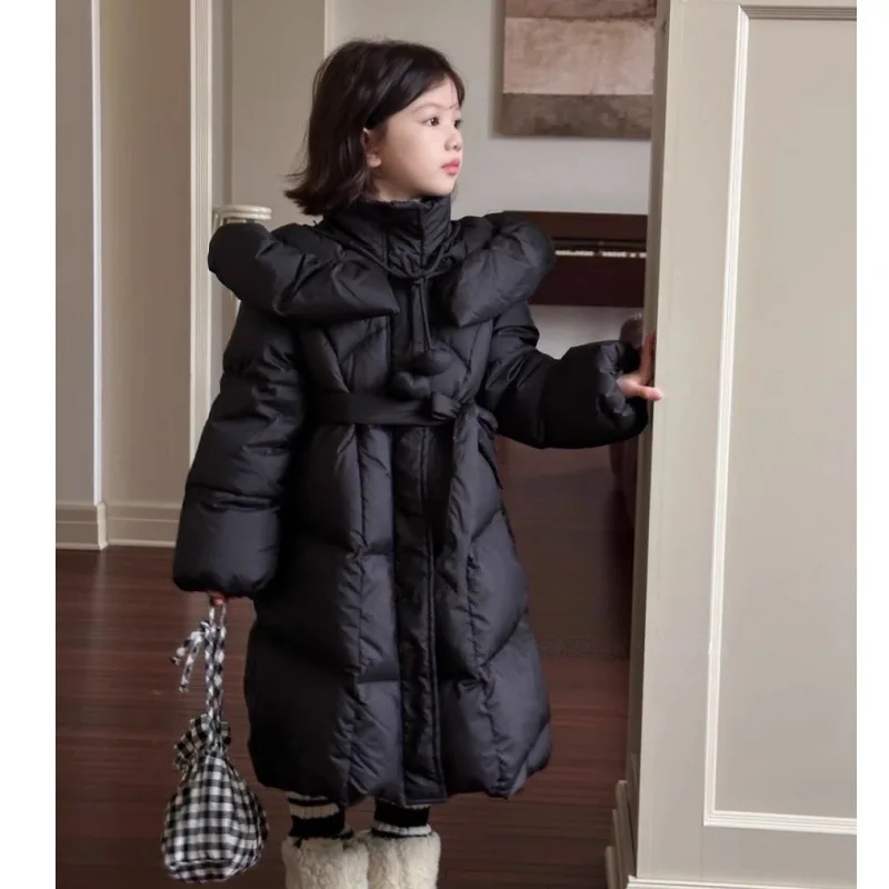 

2025 New Korean Long Knee-length Padded Down Coat for Girls Elegant Solid Color Winter Jacket for Kids Ages 5-16Y