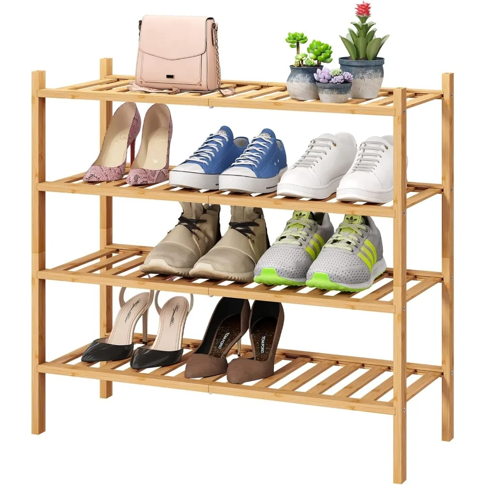 4-Tier Bamboo Shoe Rack for Entryway, Stackable | Foldable | Natural, Shoe Organizer for Hallway Closet Free Standing Shoe Racks