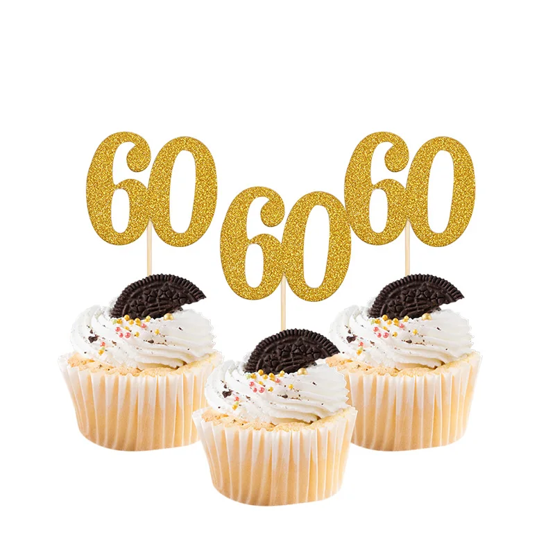 20pcs 반짝이 골드 번호 18 21 30 40 50 60 컵케익 토퍼 음식 선택 생일 케이크 장식 기념일 디저트 파티 용품