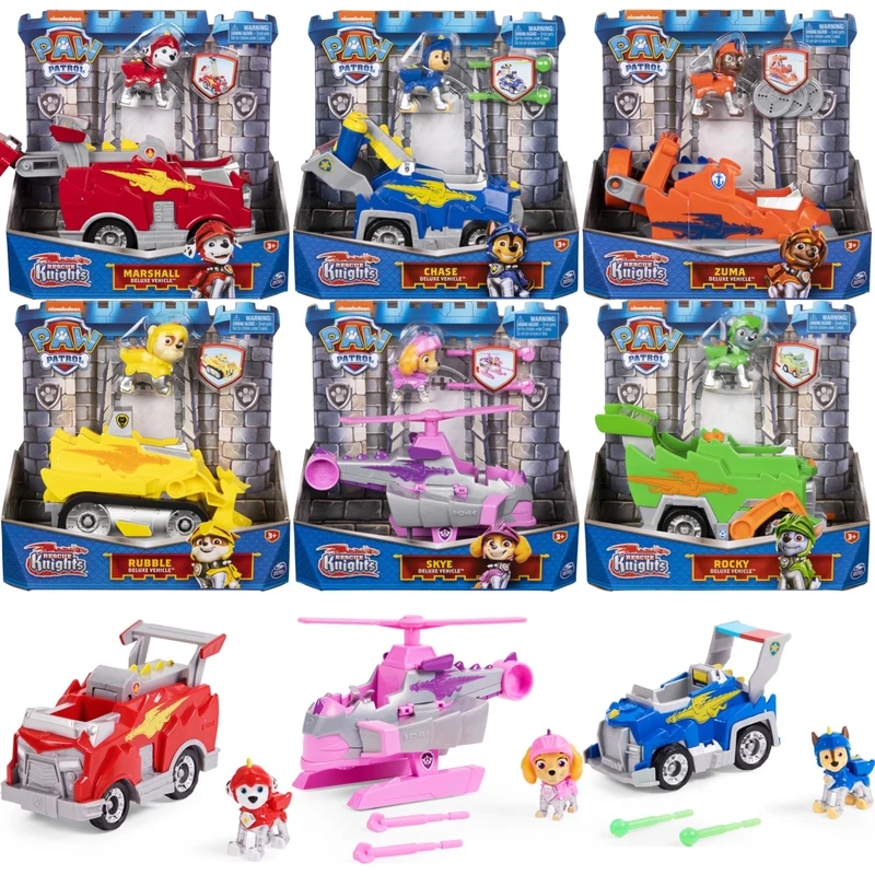 Original PAW Patrol New Rescue Knights Chase Marshall Rubble Skye Rocky Transforming Toy Car with Collectible Action Figure